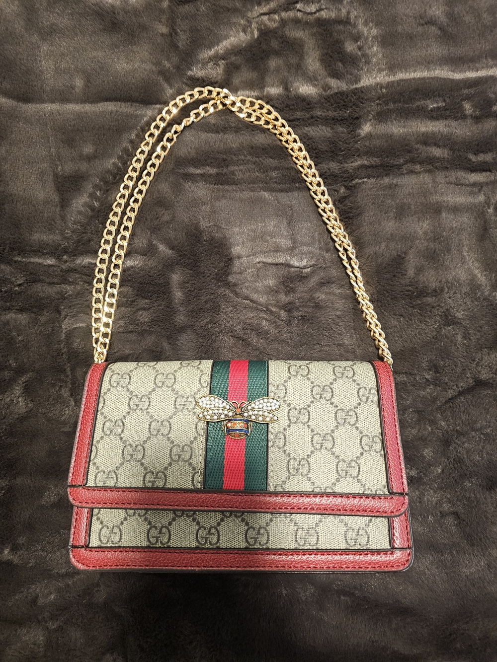 Beige Shoulder Bag with Red Trim and Green-Red Web